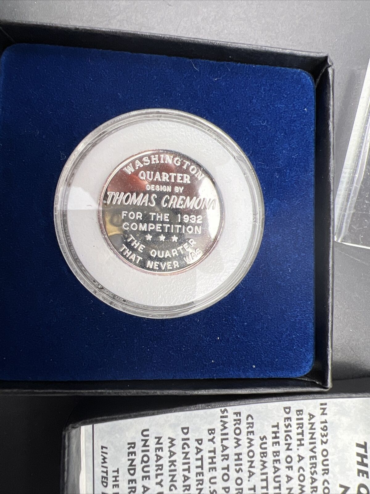 1/4 Oz .999 Fine Silver Washington Quarter Pattern Tribute Thomas Cremona