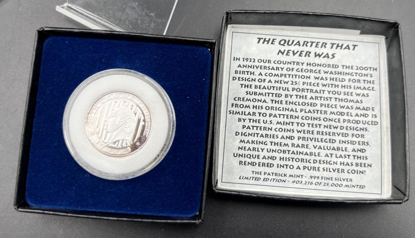 1/4 Oz .999 Fine Silver Washington Quarter Pattern Tribute Thomas Cremona