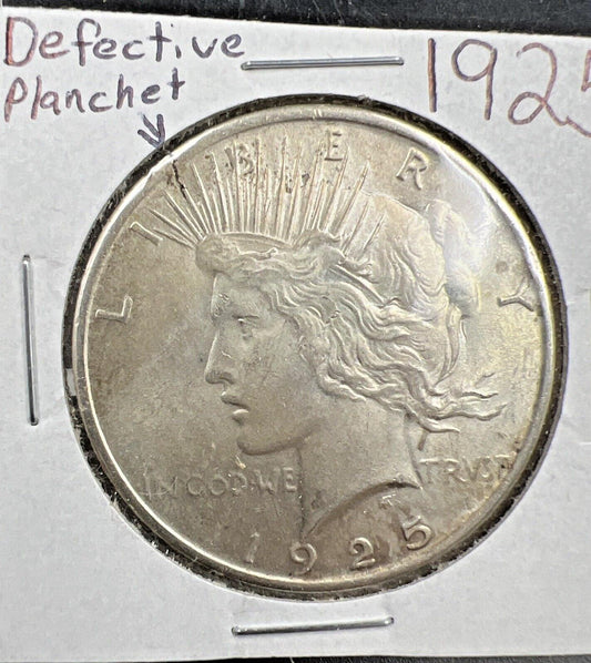 1925 P $1 Peace Silver Dollar Coin Defective Cracked Planchet Error XF