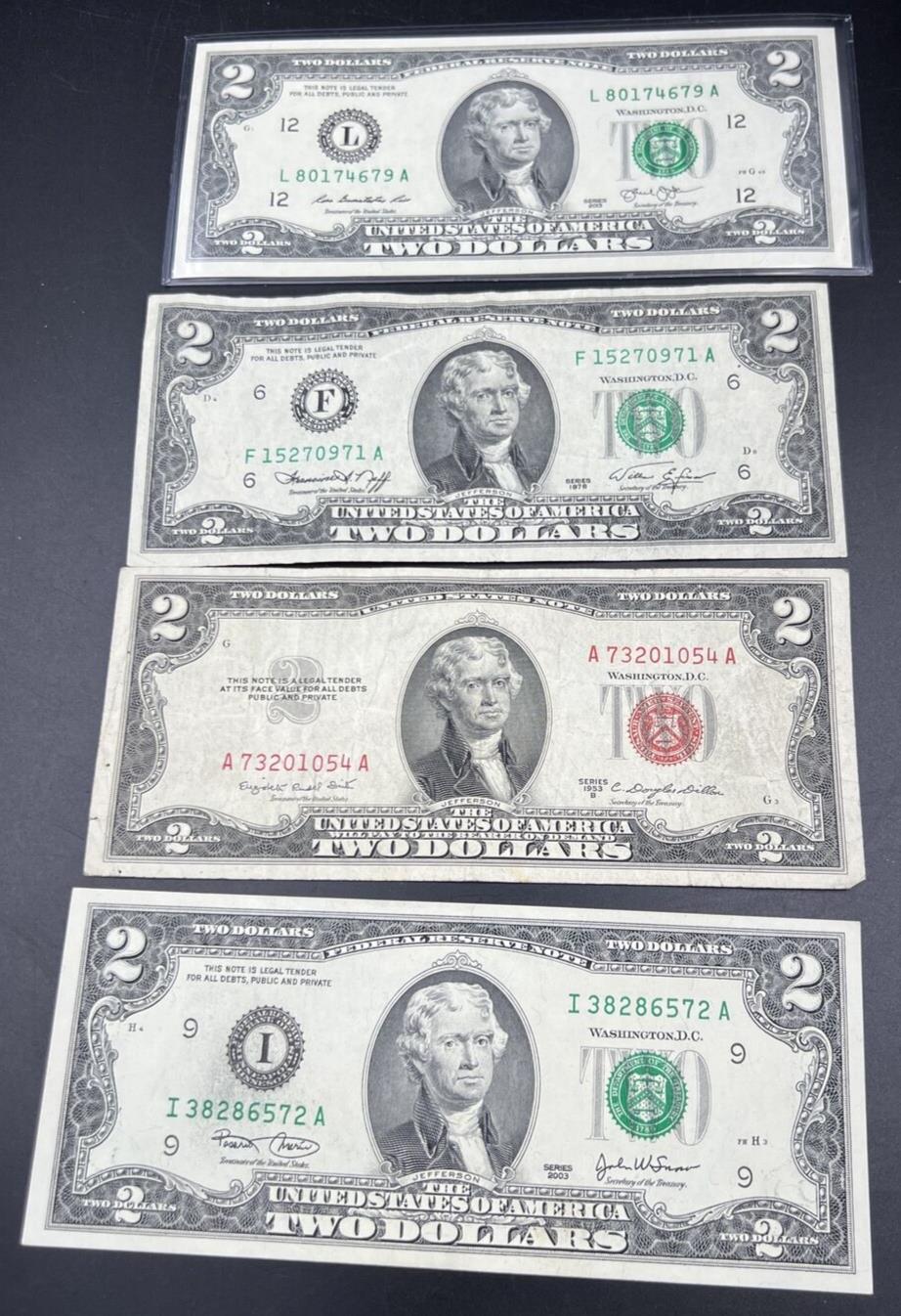 4 Note $2 Two Dollar Bill Collector's Set Years 1953 1976 2003 Circ & 2013 UNC