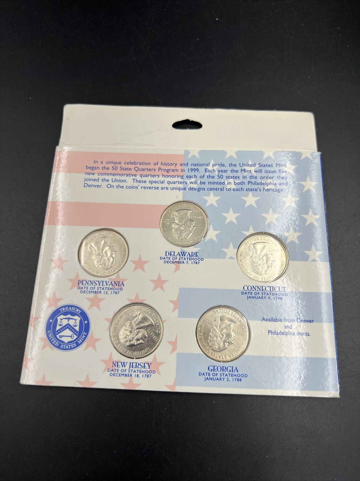 American Spirit 1999 State Quarter 5 BU UNC Coin Set in Gift Card Hallmark