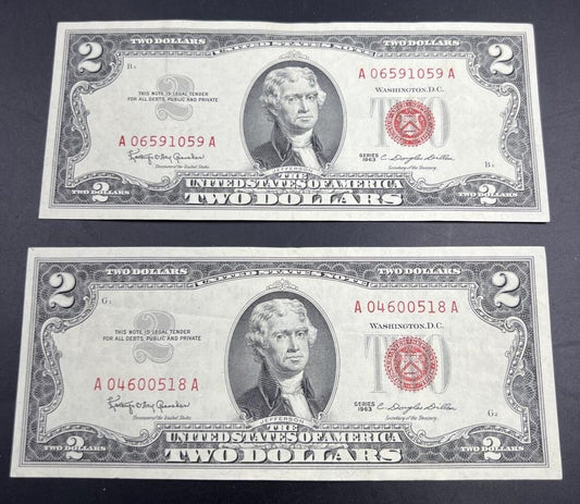 Lot of 2 1963 $2 Note US Legal Tender Red Seal Bills VF Very Fine + #518