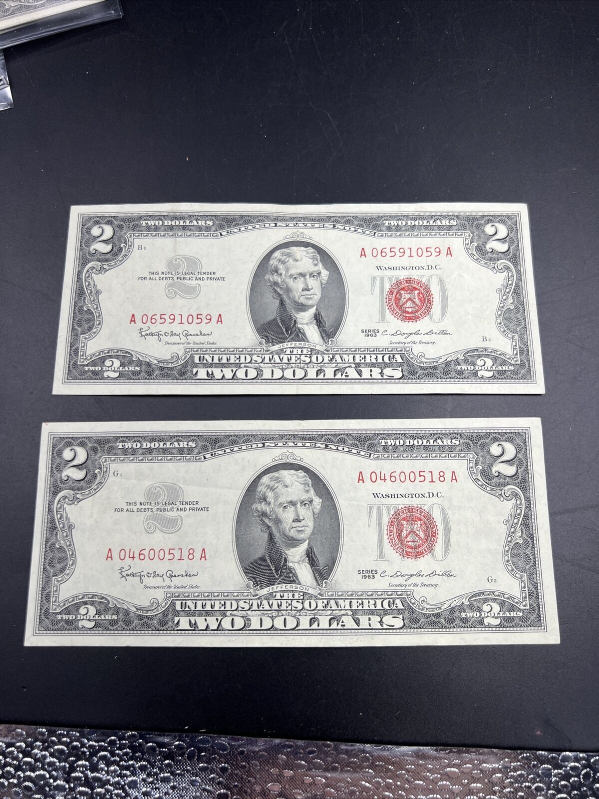 Lot of 2 1963 $2 Note US Legal Tender Red Seal Bills VF Very Fine + #518