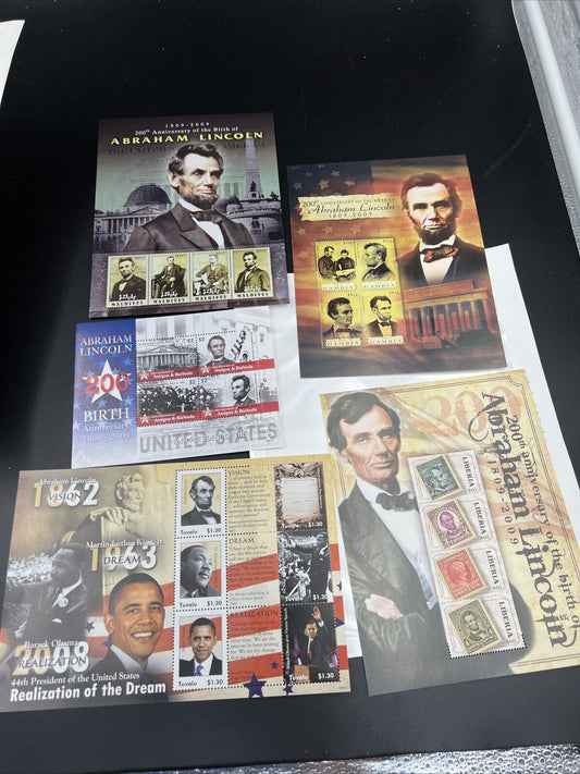 Lot of 5 Collectable Abe Lincoln and Obama Stamp Sheets Antigua Barbuda Tuvalu