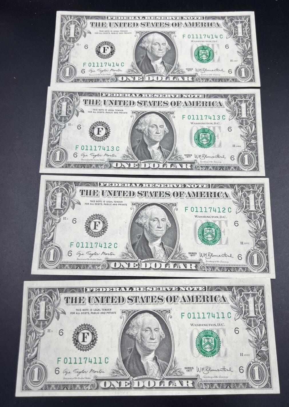 Lot of 4 Consecutive 1977 $1 FRN Federal Reserve Notes CH UNC #414