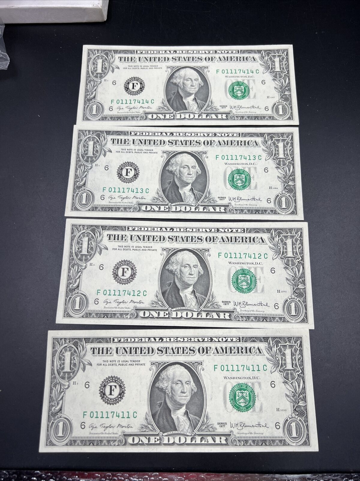 Lot of 4 Consecutive 1977 $1 FRN Federal Reserve Notes CH UNC #414