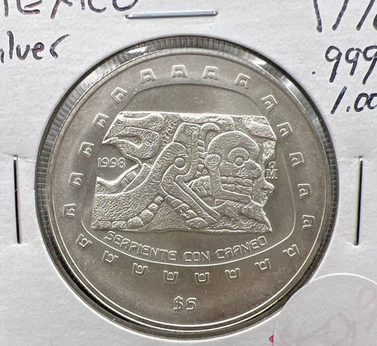 1998 5 Pesos Mexico 1 Oz Silver Serpiente con Craneo KM 666 Gem Silver Coin