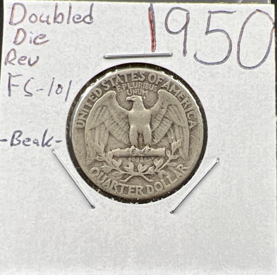 1950 P 25c Washington Silver Quarter Coin FS-801 DDR Beak Double Die VG Circ