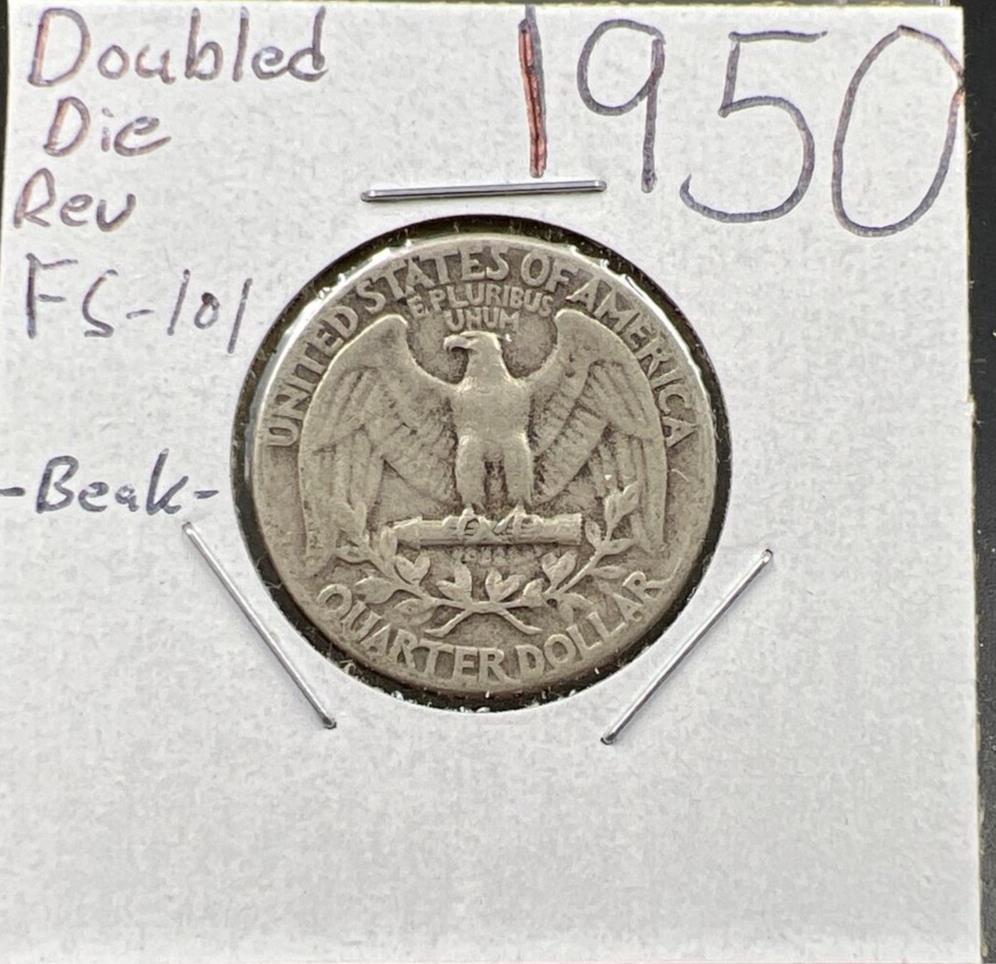 1950 P 25c Washington Silver Quarter Coin FS-801 DDR Beak Double Die VG Circ