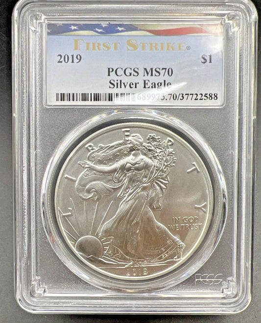 2019 1 oz American Silver Eagle PCGS Certified MS70 First Strike USA Flag Label