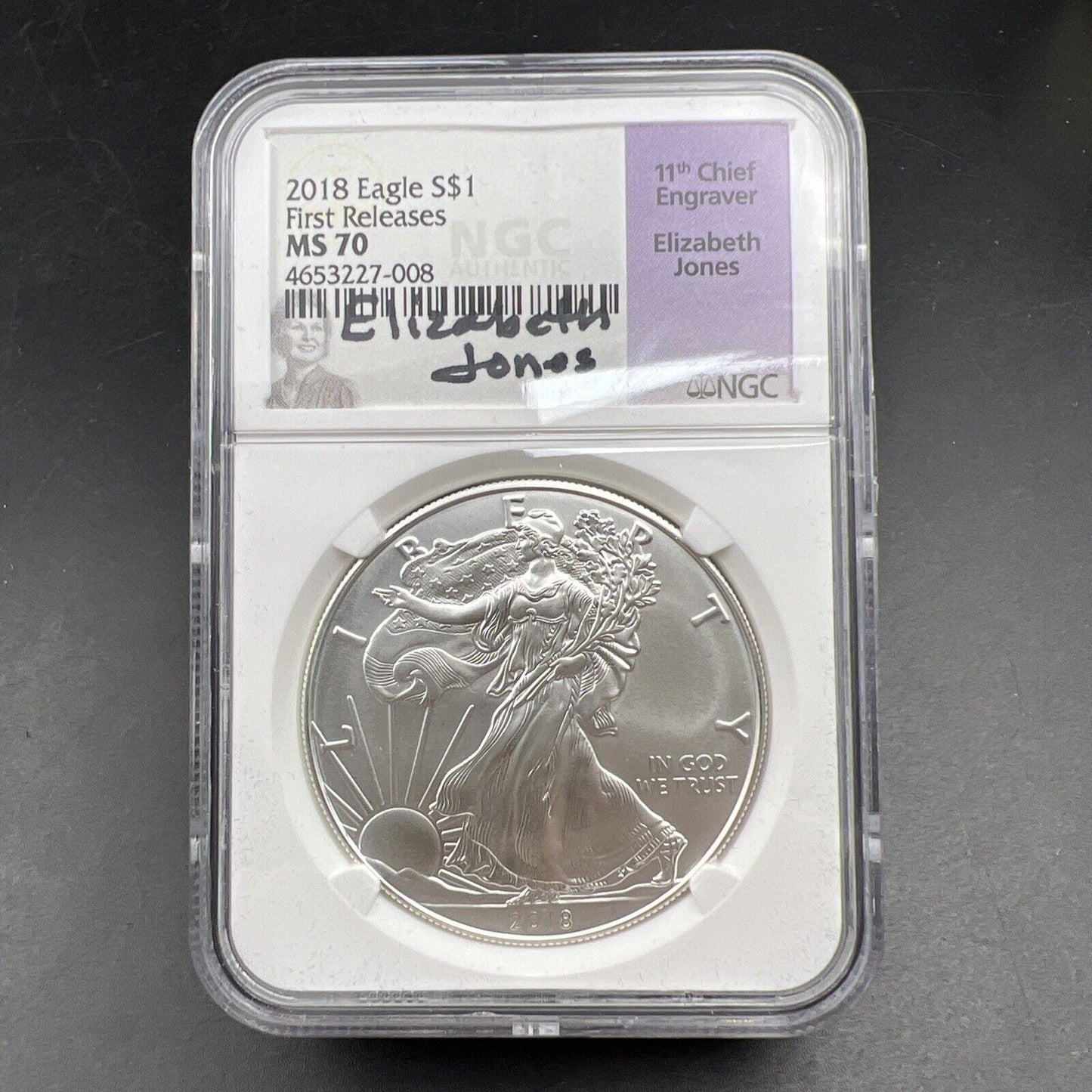 2018 1 oz American Silver Eagle $1 NGC Certified MS70 Elizabeth Jones Holder