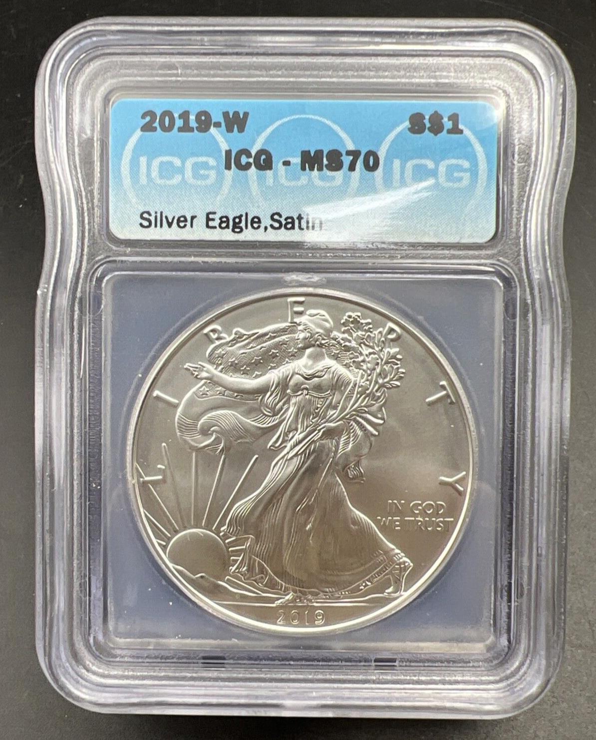 2019 W 1 Oz American Silver Eagle West Point Mint ICG MS70 Satin Holder