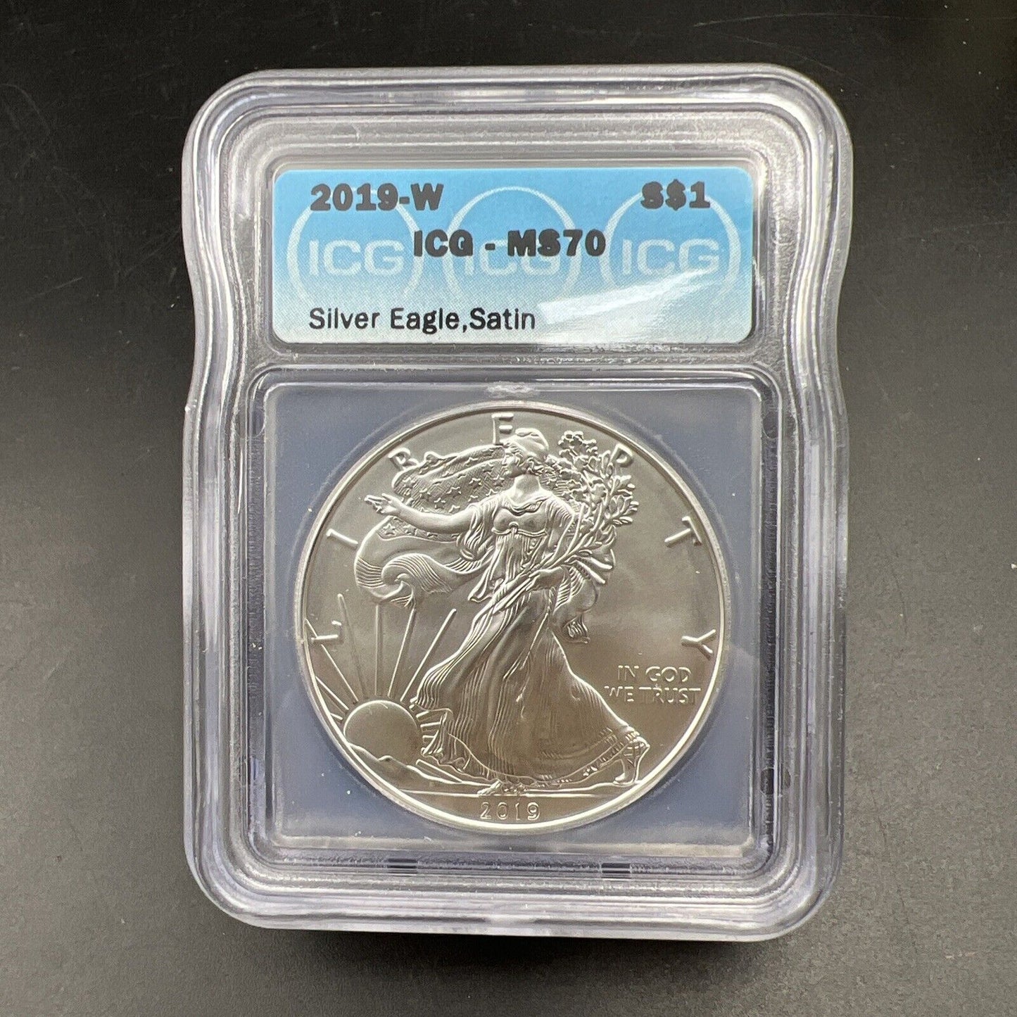 2019 W 1 Oz American Silver Eagle West Point Mint ICG MS70 Satin Holder