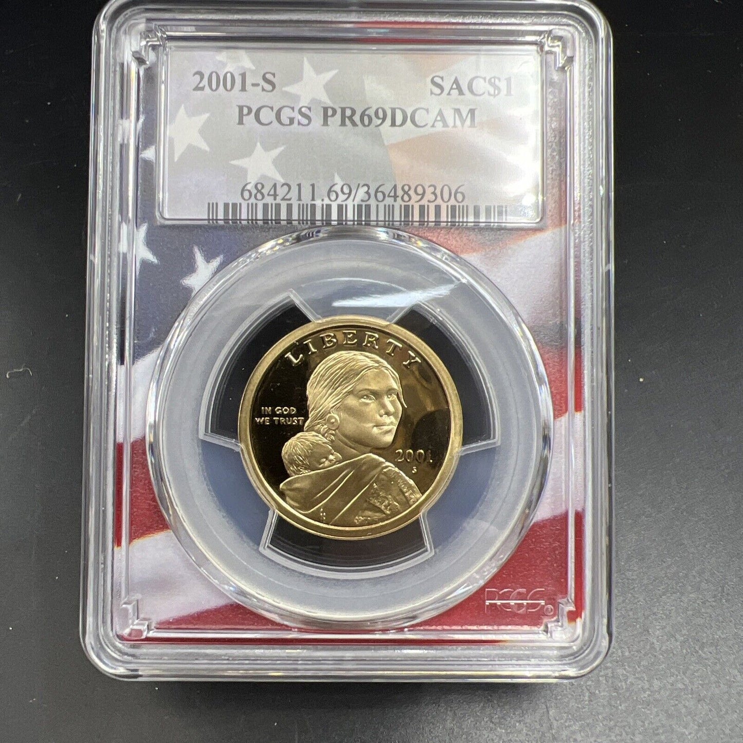 2001 S Sacagawea Native Dollar PCGS PR69 DCAM USA Flag Holder