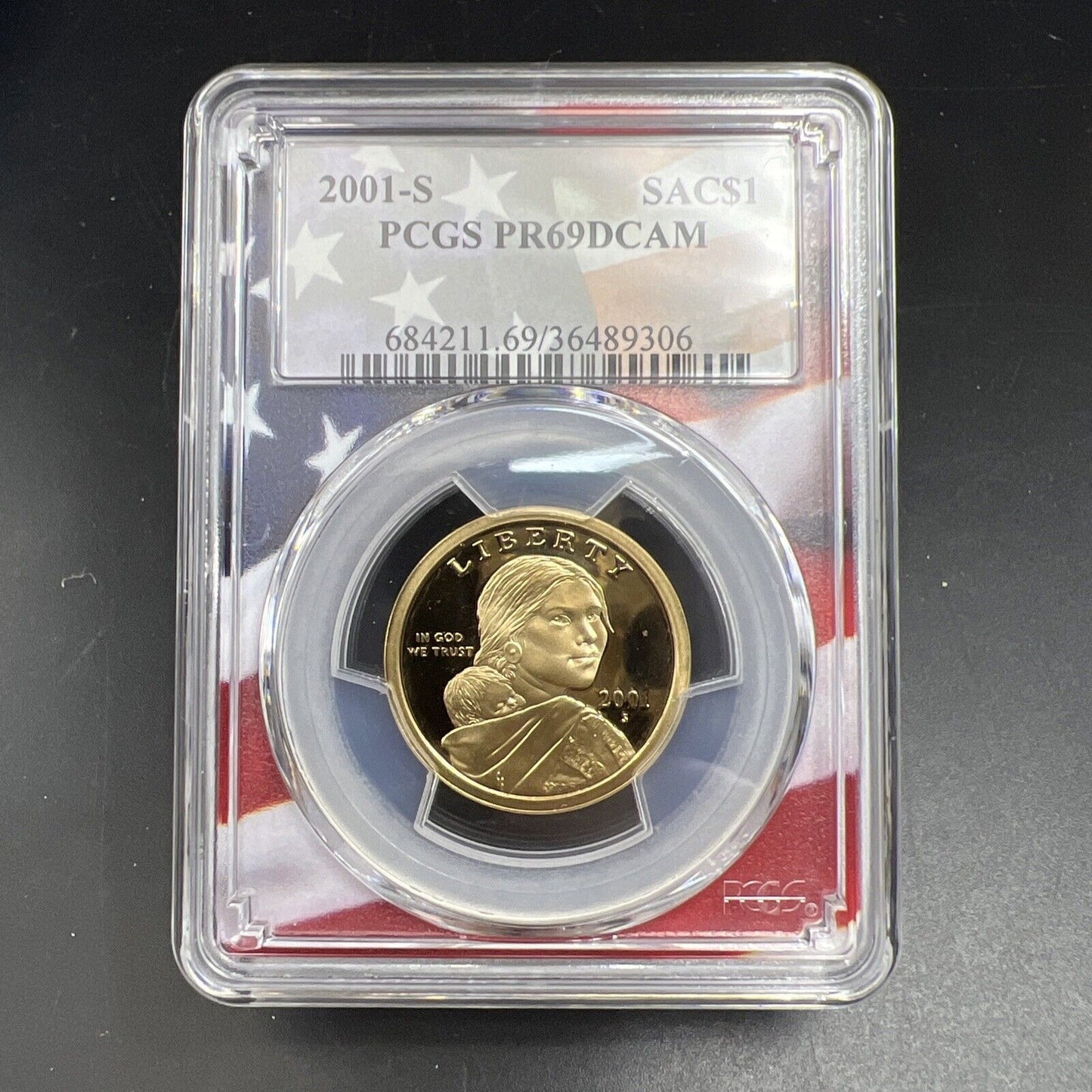 2001 S Sacagawea Native Dollar PCGS PR69 DCAM USA Flag Holder