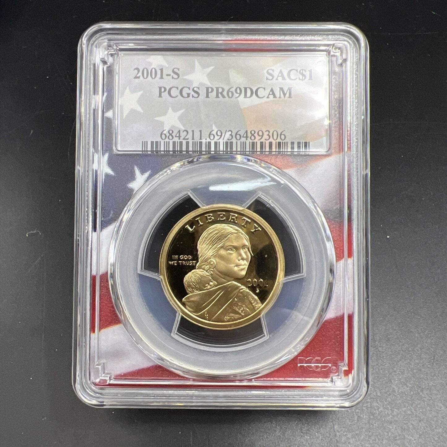 2001 S Sacagawea Native Dollar PCGS PR69 DCAM USA Flag Holder