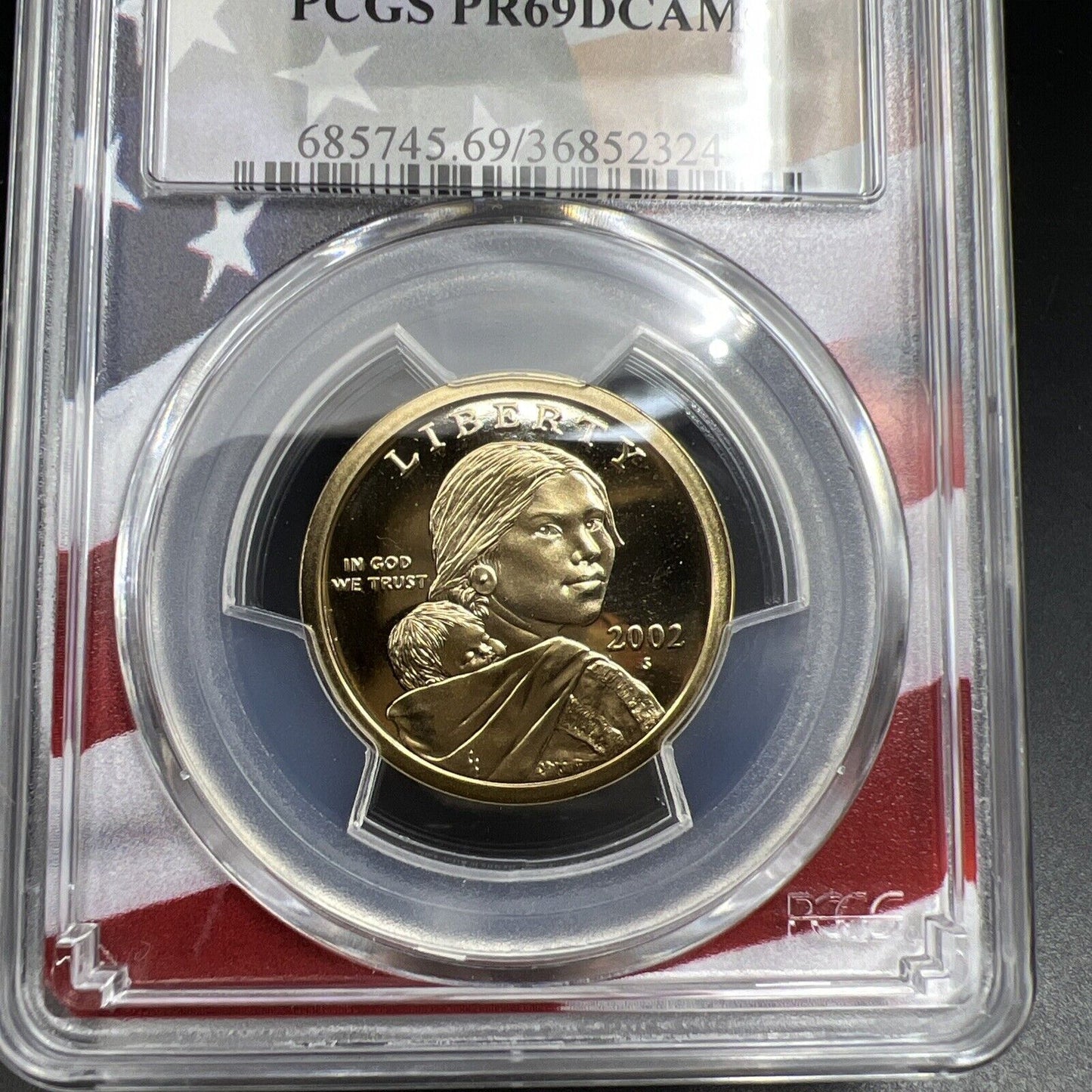 2002 S Sacagawea Native Dollar PCGS PR69 DCAM USA Flag Holder