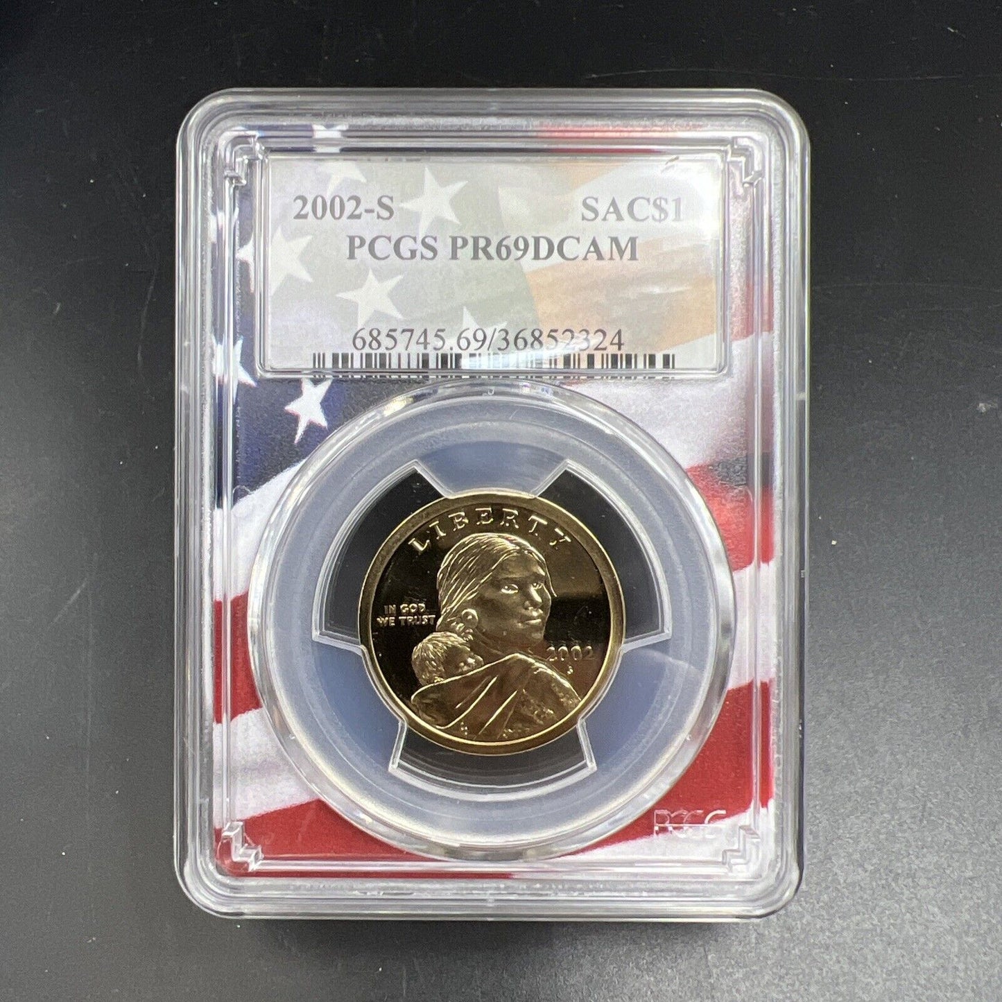 2002 S Sacagawea Native Dollar PCGS PR69 DCAM USA Flag Holder