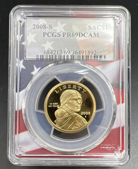 2008 S Sacagawea Native Dollar PCGS PR69 DCAM USA Flag Holder