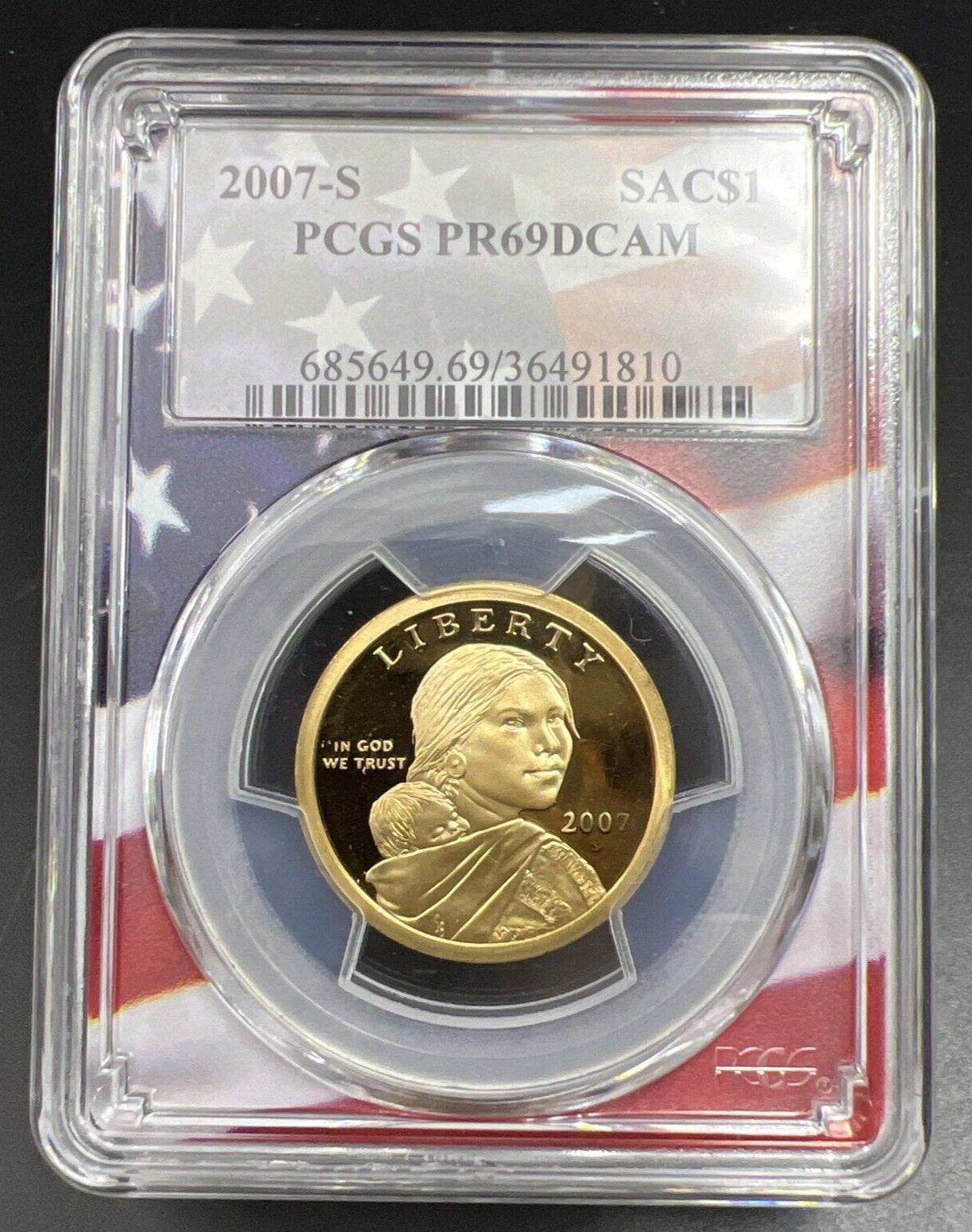 2007 S Sacagawea Native Dollar PCGS PR69 DCAM USA Flag Holder