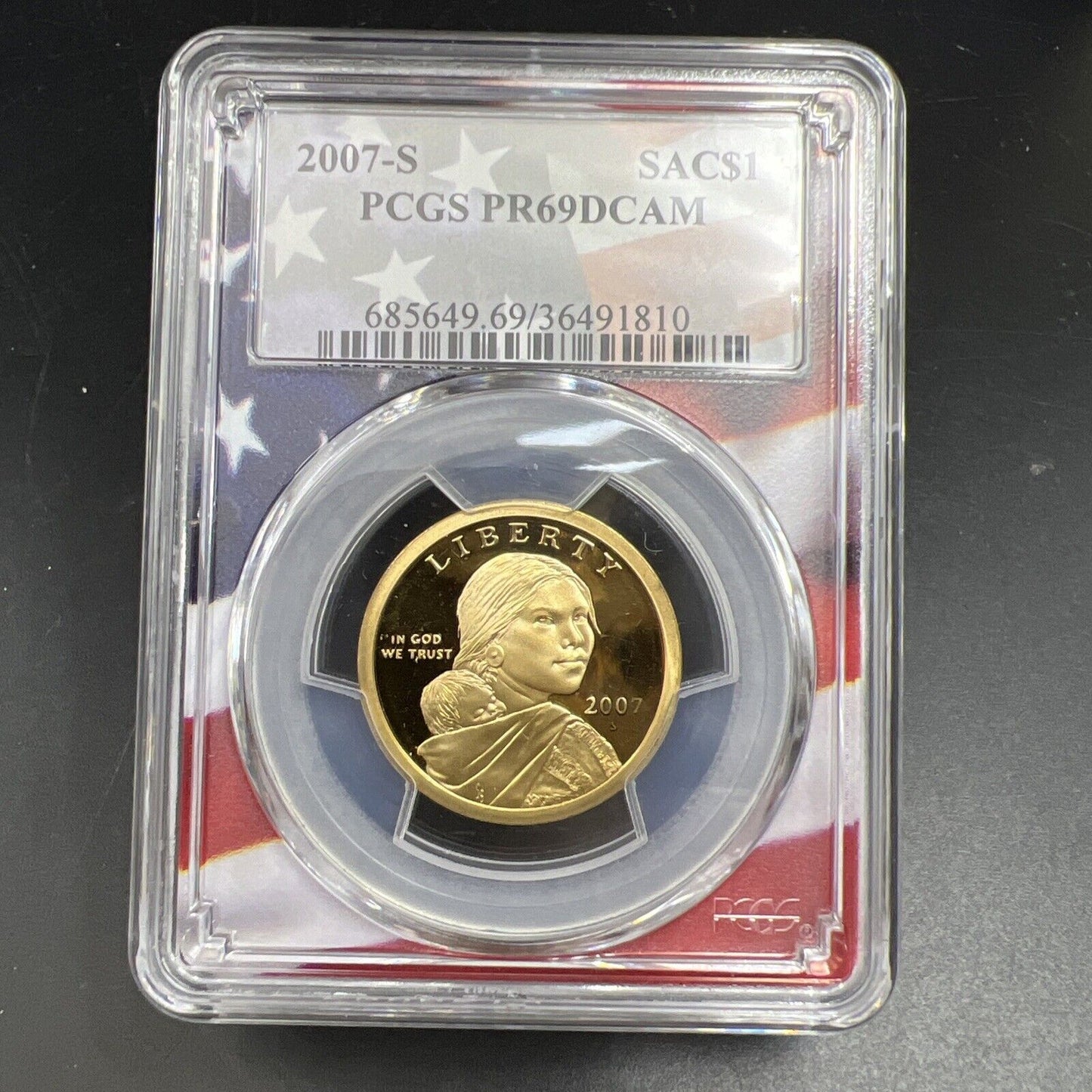 2007 S Sacagawea Native Dollar PCGS PR69 DCAM USA Flag Holder