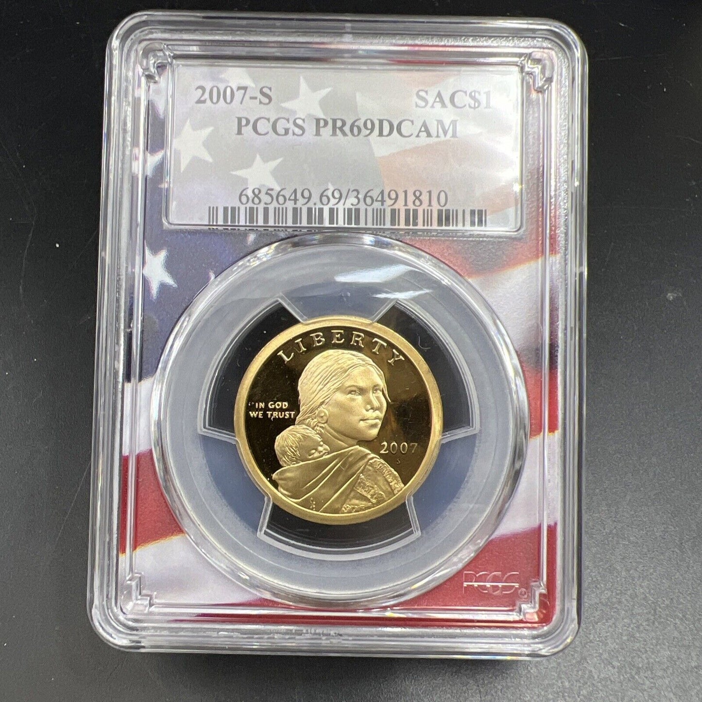 2007 S Sacagawea Native Dollar PCGS PR69 DCAM USA Flag Holder