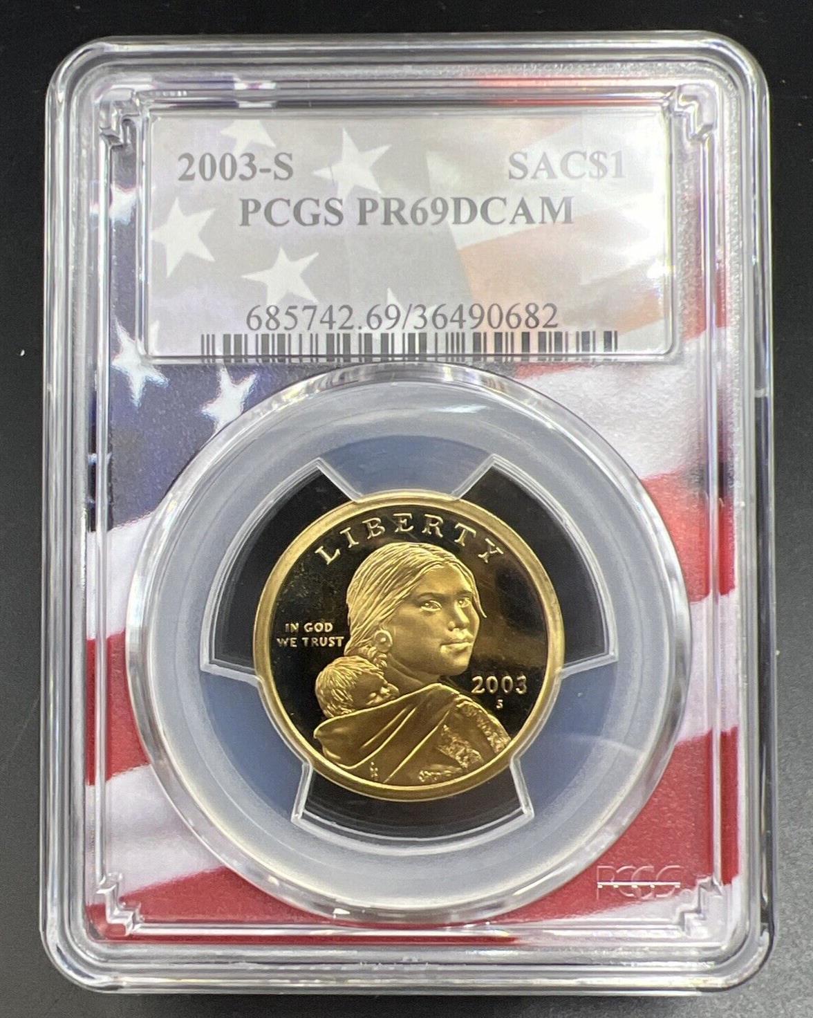 2003 S Sacagawea Native Dollar PCGS PR69 DCAM USA Flag Holder