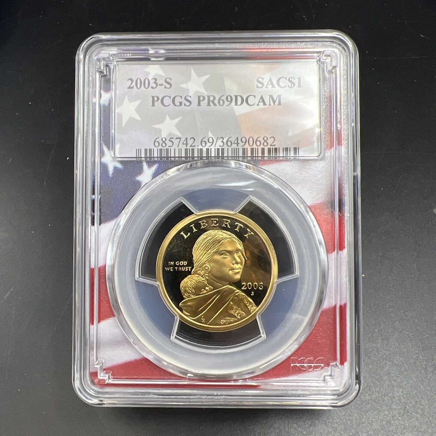 2003 S Sacagawea Native Dollar PCGS PR69 DCAM USA Flag Holder