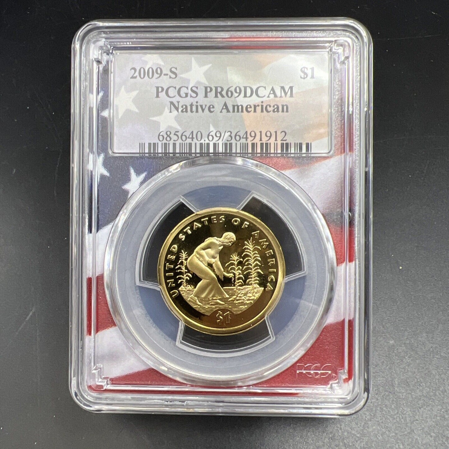 2009 S Sacagawea Native Dollar PCGS PR69 DCAM USA Flag Holder