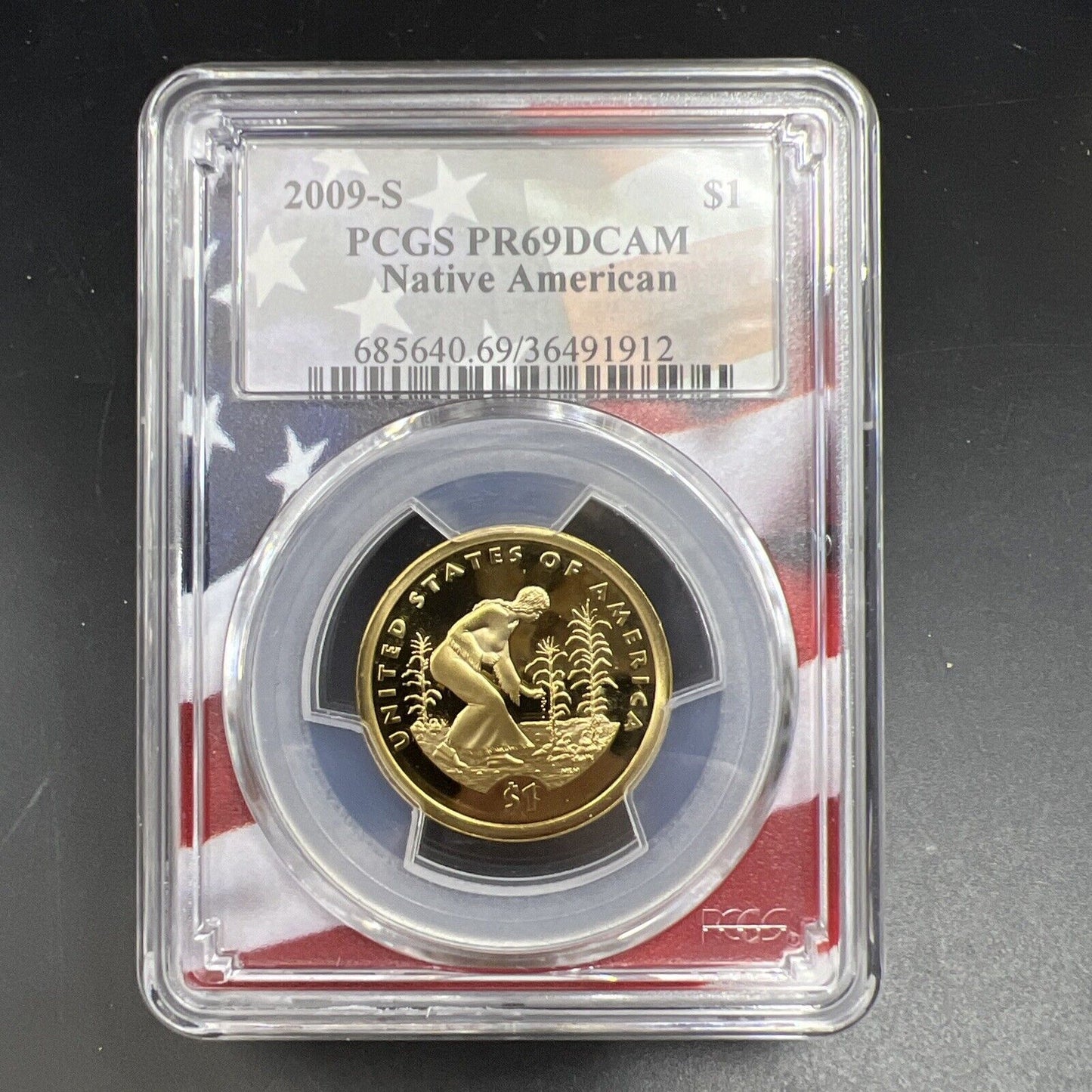 2009 S Sacagawea Native Dollar PCGS PR69 DCAM USA Flag Holder