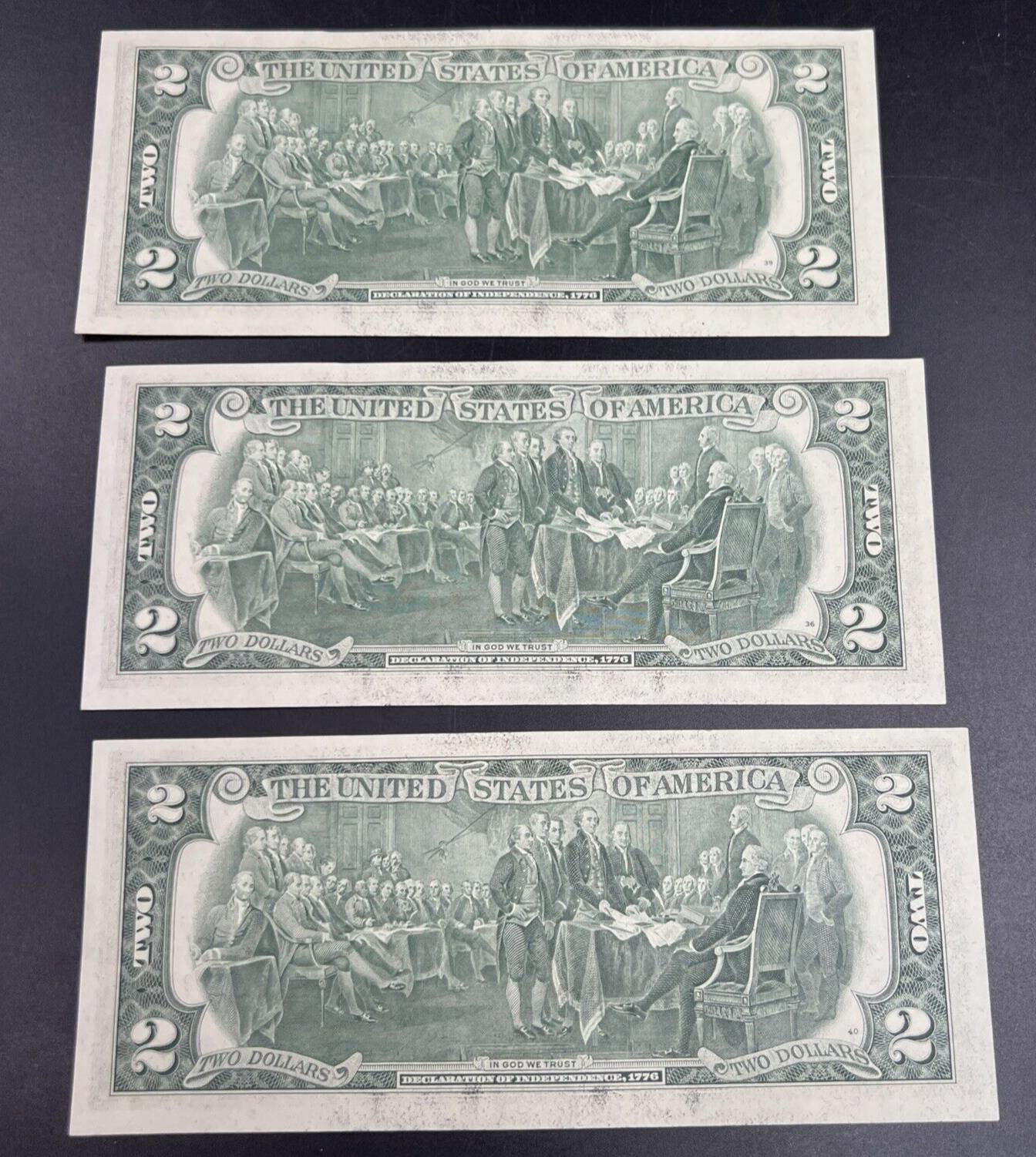 3 Consecutive 1976 $2 Two Dollar Bicentennial Bill Federal Reserve Notes UNC #70