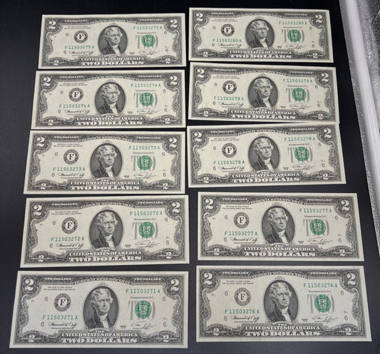 10 Consecutive 1976 $2 Two Dollar Bicentennial Bill Federal Reserve Notes UNC #1