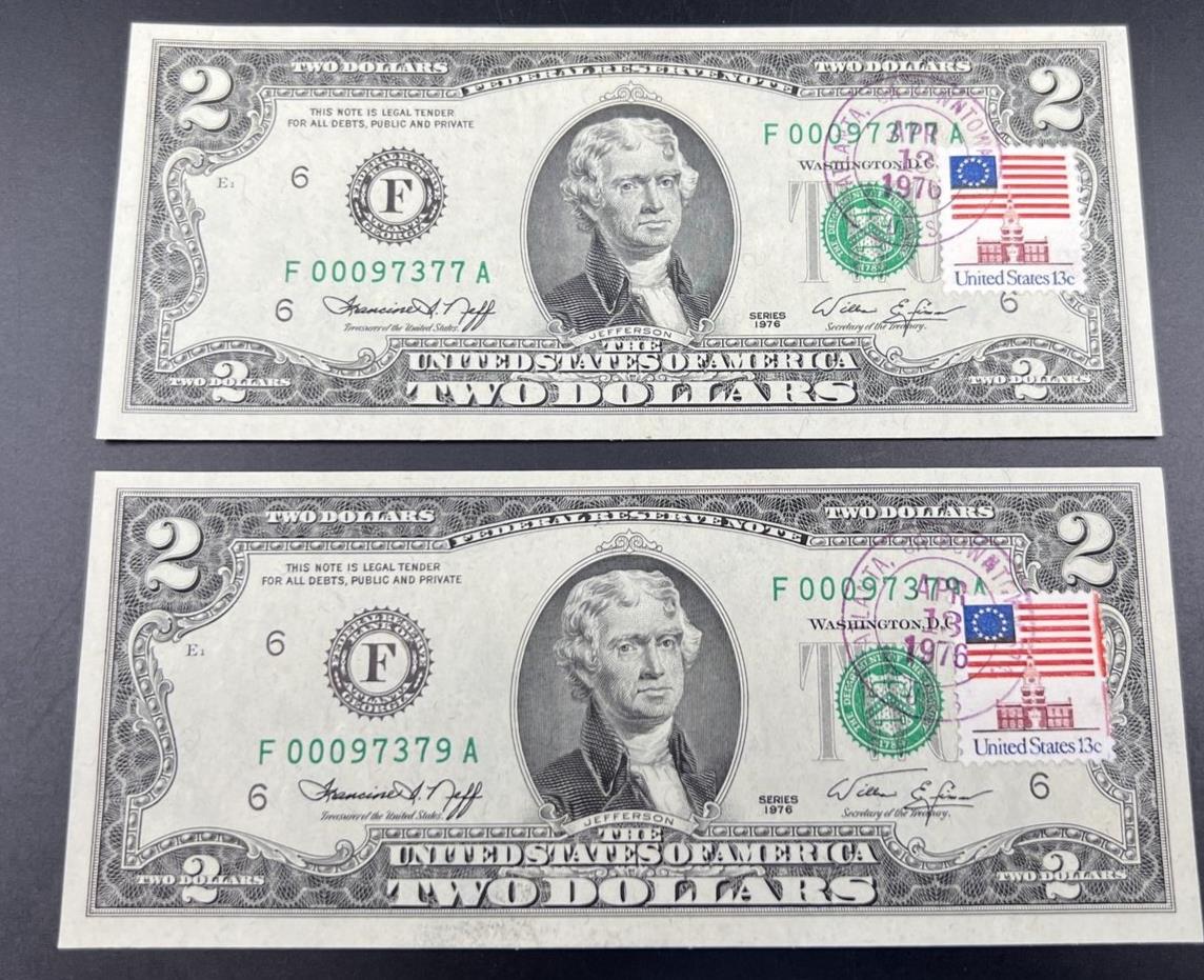 Lot 2 Consecutive 1976 $2 Two Dollar Bicentennial FRN Notes CH UNC #379 Atlanta