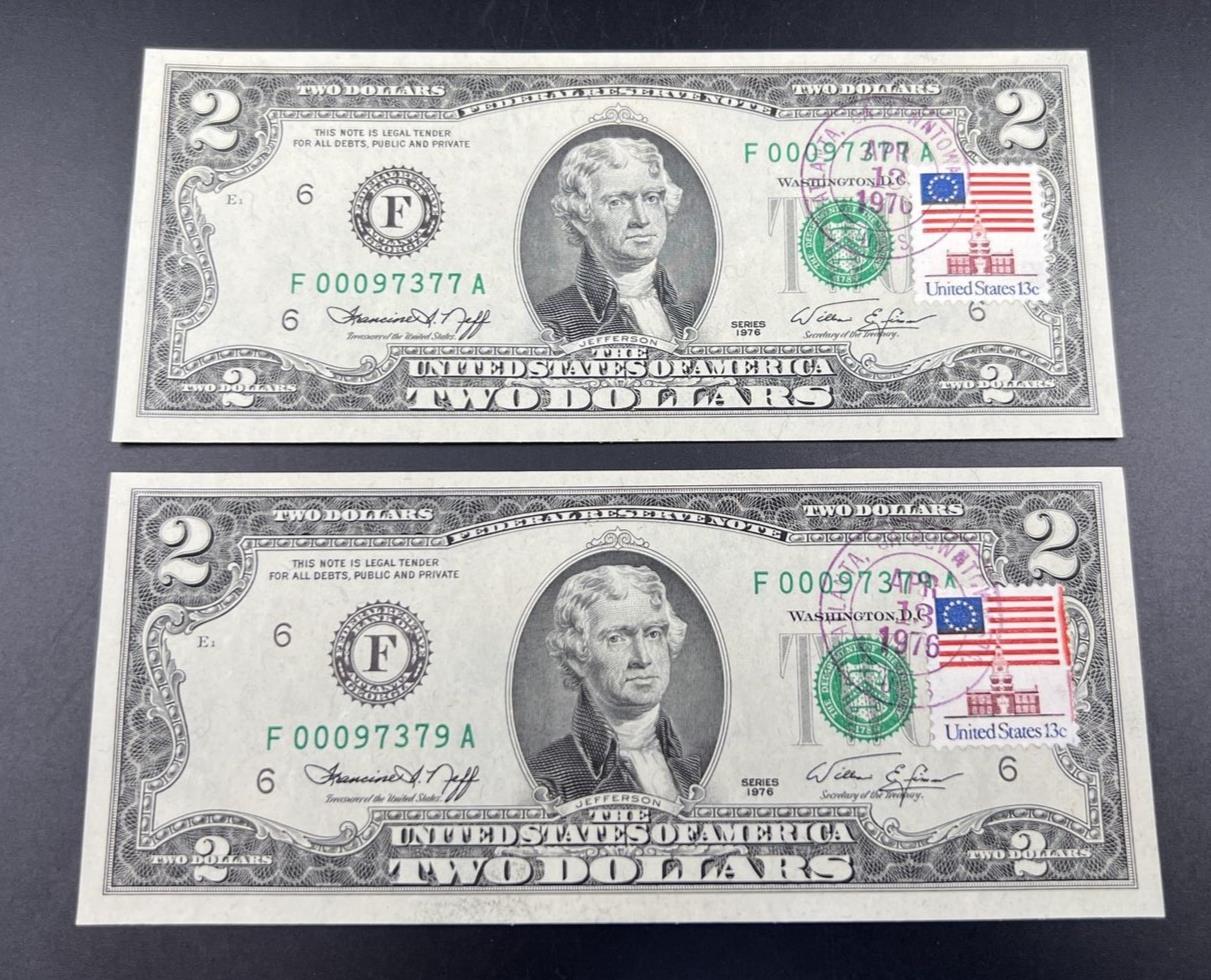 Lot 2 Consecutive 1976 $2 Two Dollar Bicentennial FRN Notes CH UNC #379 Atlanta