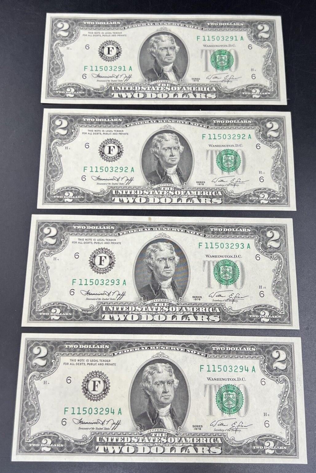 4 Consecutive 1976 $2 Two Dollar Bicentennial Bill Federal Reserve Notes UNC #94