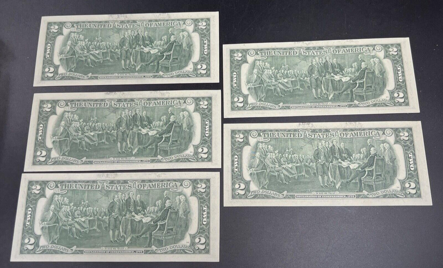 Lot of 5 1976 $2 Two Dollar Bicentennial Bill Federal Reserve Notes UNC #76