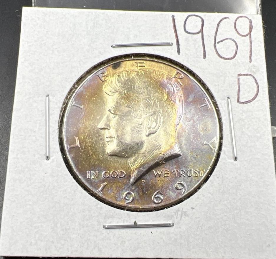 1969 D 50c Kennedy Silver Half Dollar Coin BU Neat Toning Toner #69D