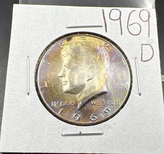 1969 D 50c Kennedy Silver Half Dollar Coin BU Neat Toning Toner #69D