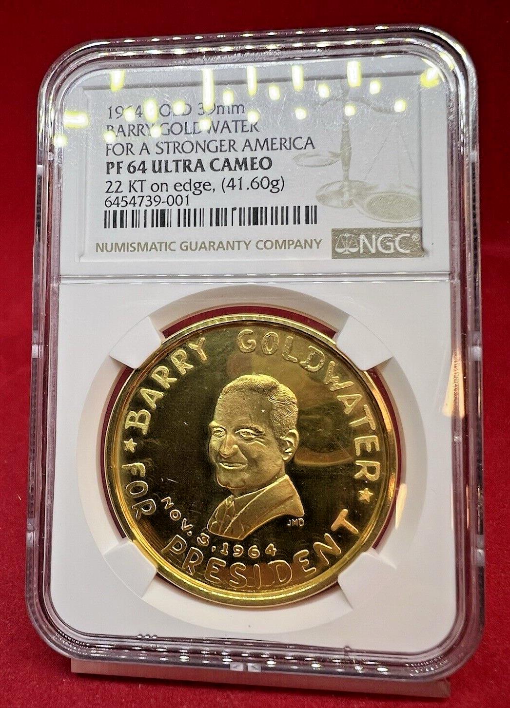 1964 41.6 Gram Solid 22k Gold Barry Goldwater Medal NGC PF64 UCAM TOP POP