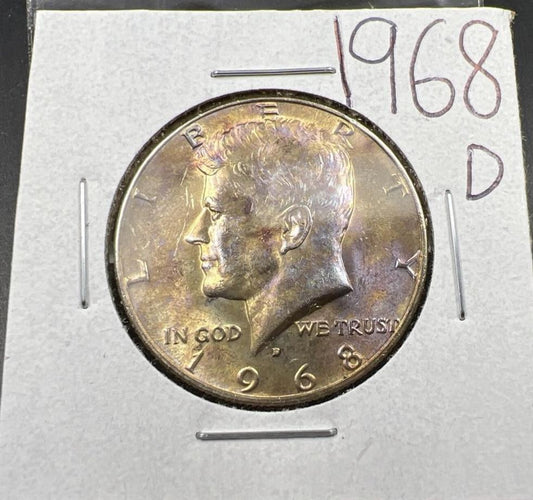 1968 D 50c Kennedy Silver Half Dollar Coin BU Neat Toning Toner #68D