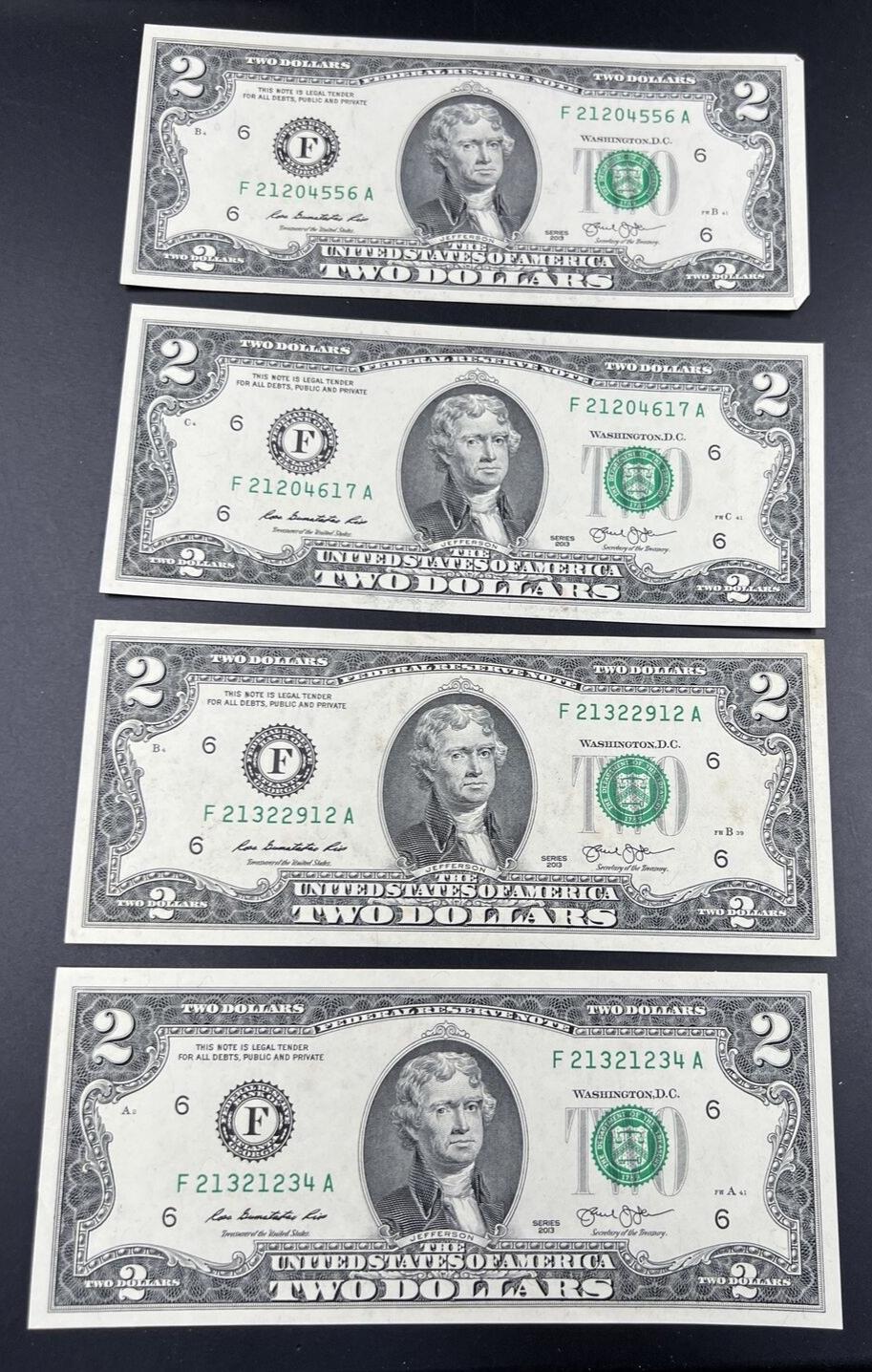 Lot of 4 2013 $2 Two Dollar FRN Federal Reserve Notes AU