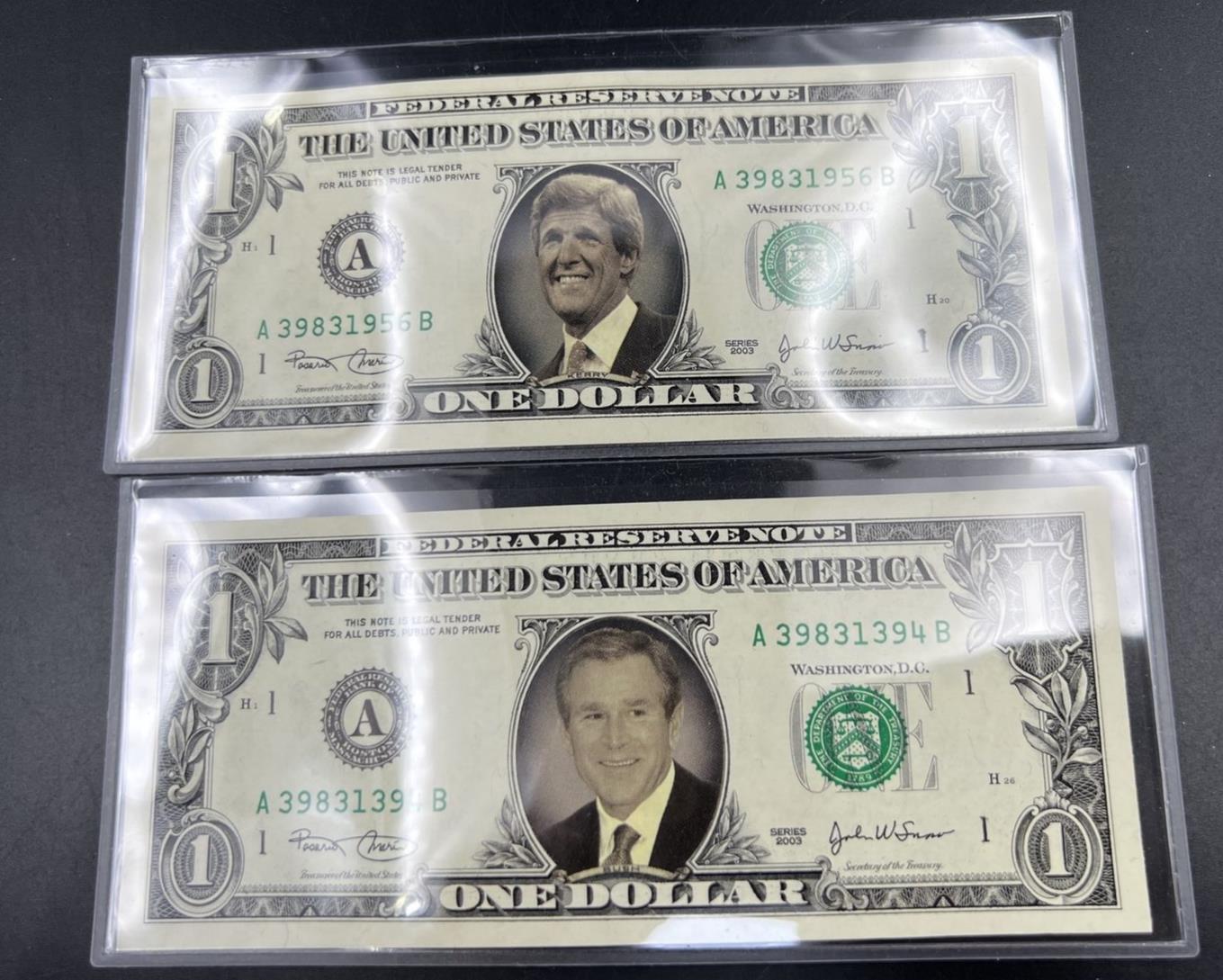 2003 $1 FRN UNC with John Kerry and George Bush pictures 2004 Election Themed