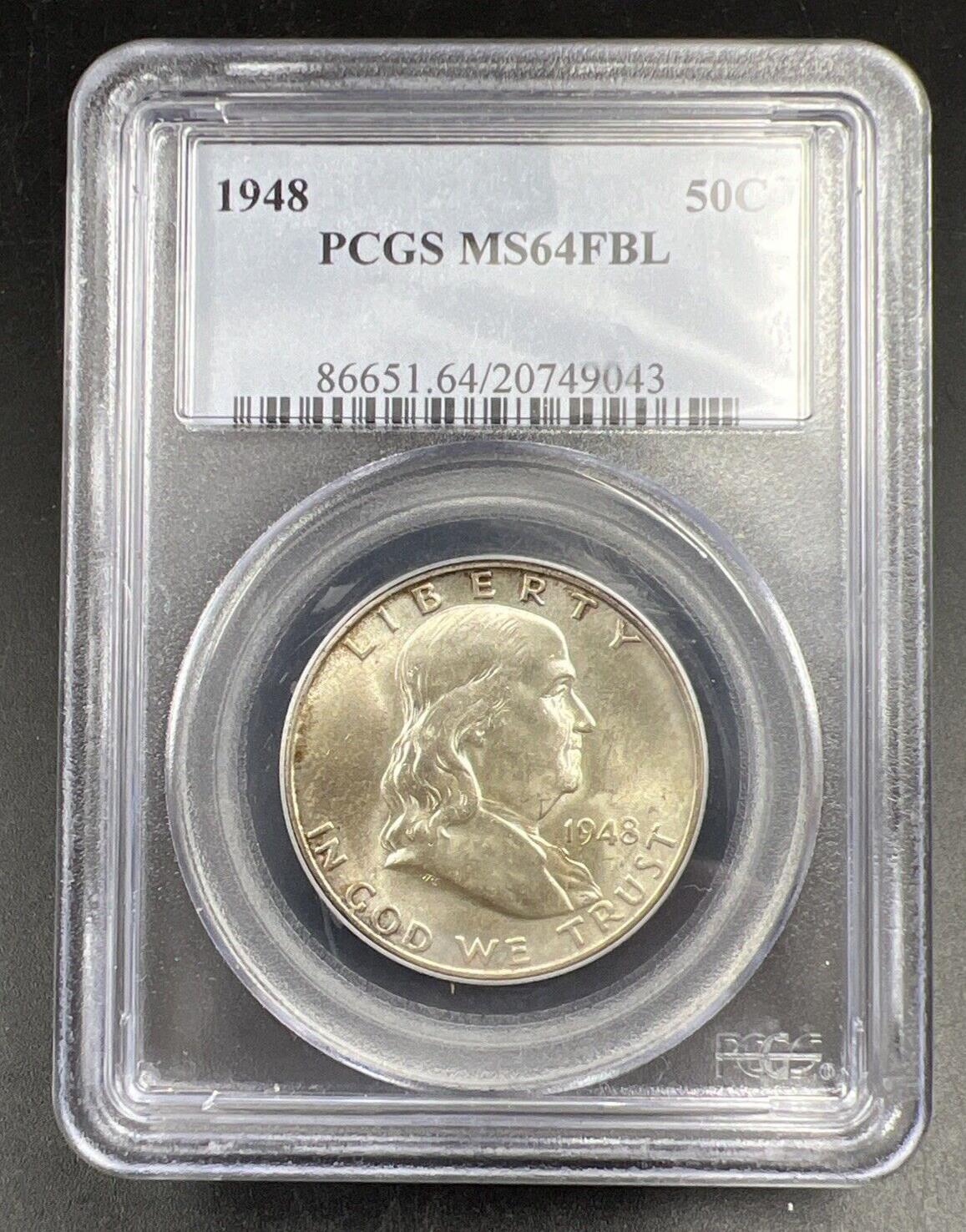 1948 P US Franklin Silver Half Dollar Coin PCGS MS64 CH BU FBL Full Bell Line