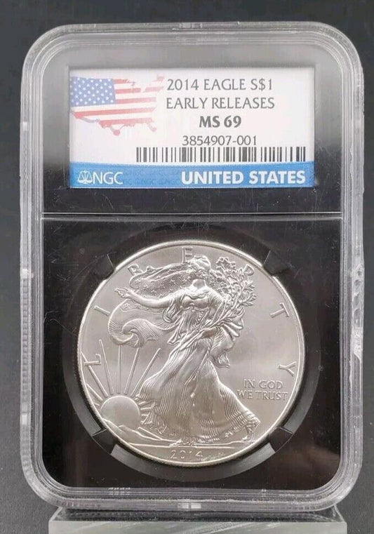 2014 1 oz .999 American Silver Eagle Coin NGC MS69 Early Releases USA Flag Holde