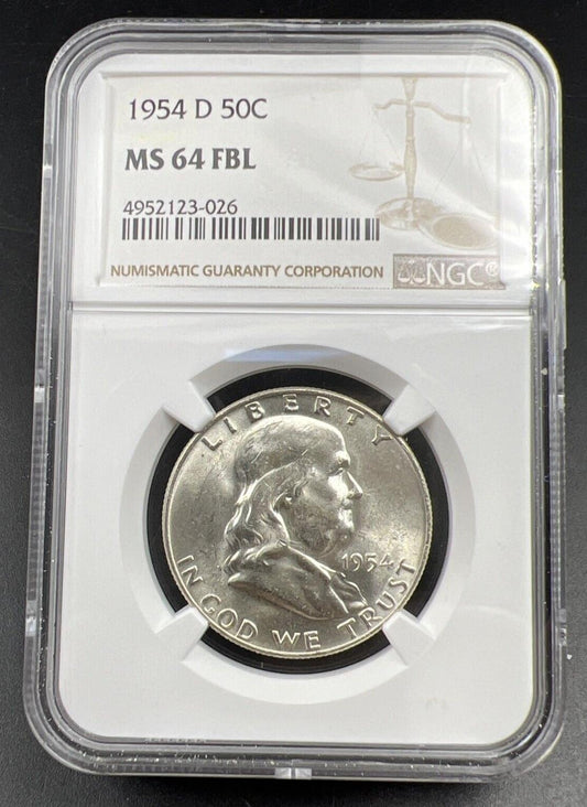 1954 D US Franklin Silver Half Dollar Coin NGC MS64 FBL Choice BU #026