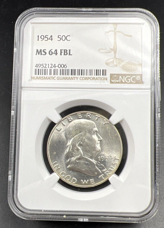 1954 P US Franklin Silver Half Dollar Coin NGC MS64 FBL Choice BU #006