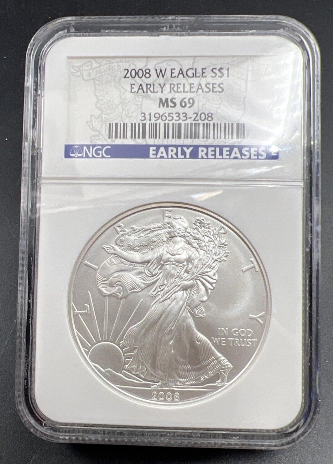 2008 1 Oz ASE American Silver Eagle Coin NGC MS69 Early Releases Gem BU