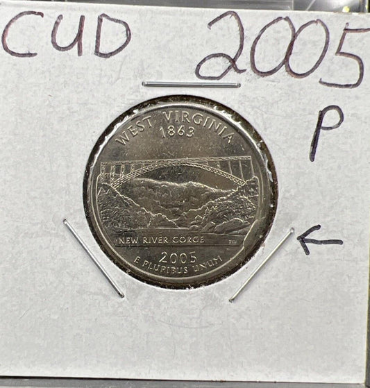 2005 P 25c West Virginia Statehood Quarter Coin Die Cud Error AU About UNC