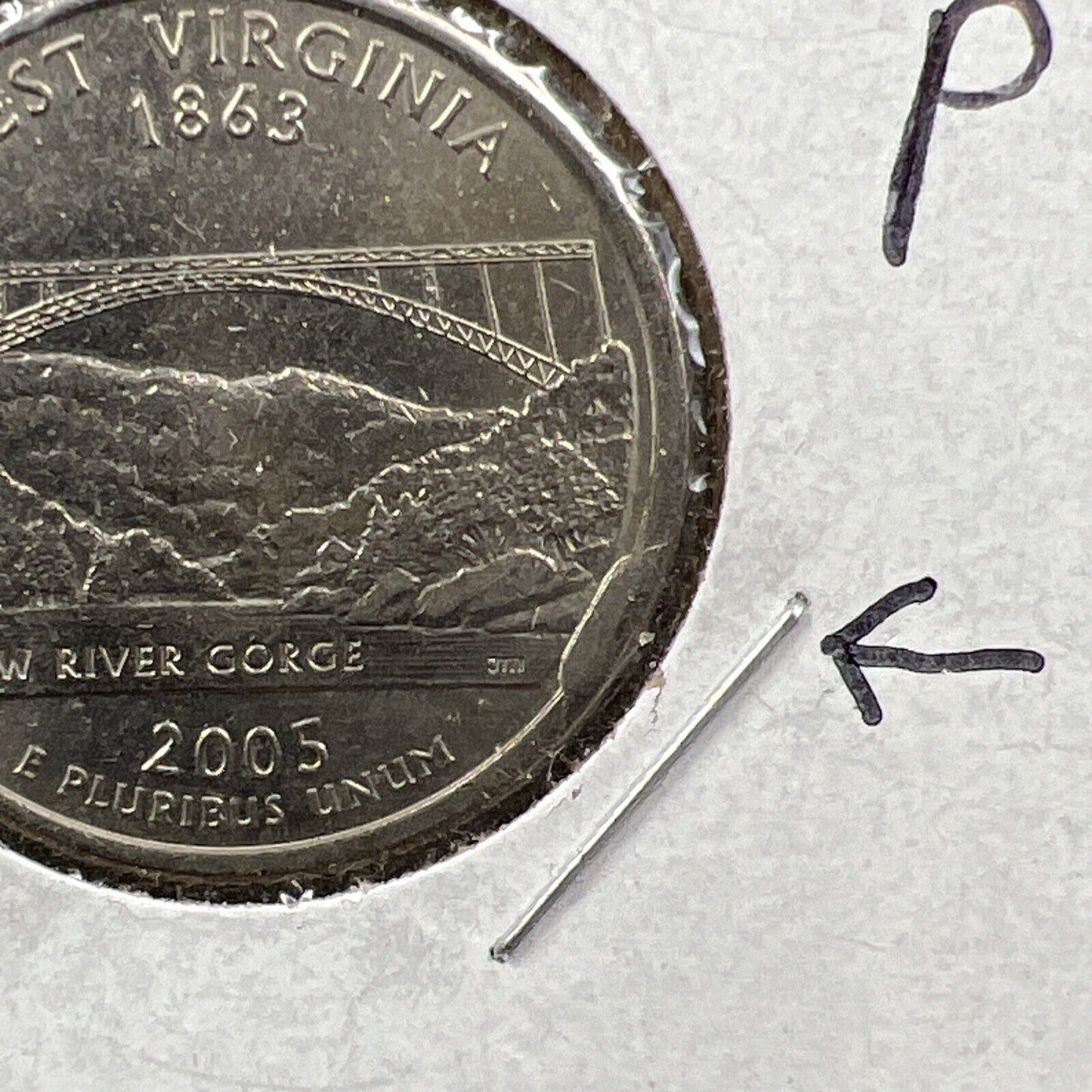 2005 P 25c West Virginia Statehood Quarter Coin Die Cud Error AU About UNC