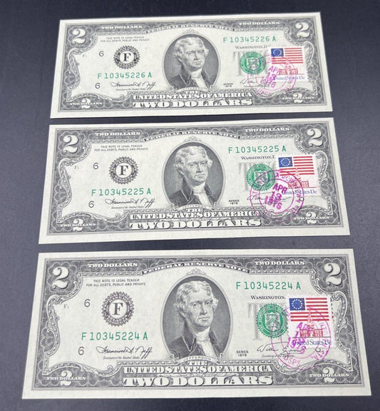 3 Consecutive 1976 $2 Two Dollar Bicentennial Postal Note Atlanta #224 CH UNC